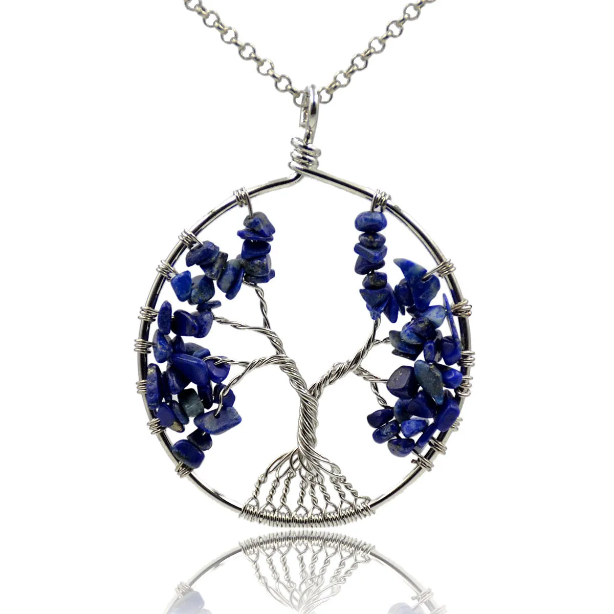 Tree of Life Pendant Necklace Chakra Gemstone 50mm Silver Wrap