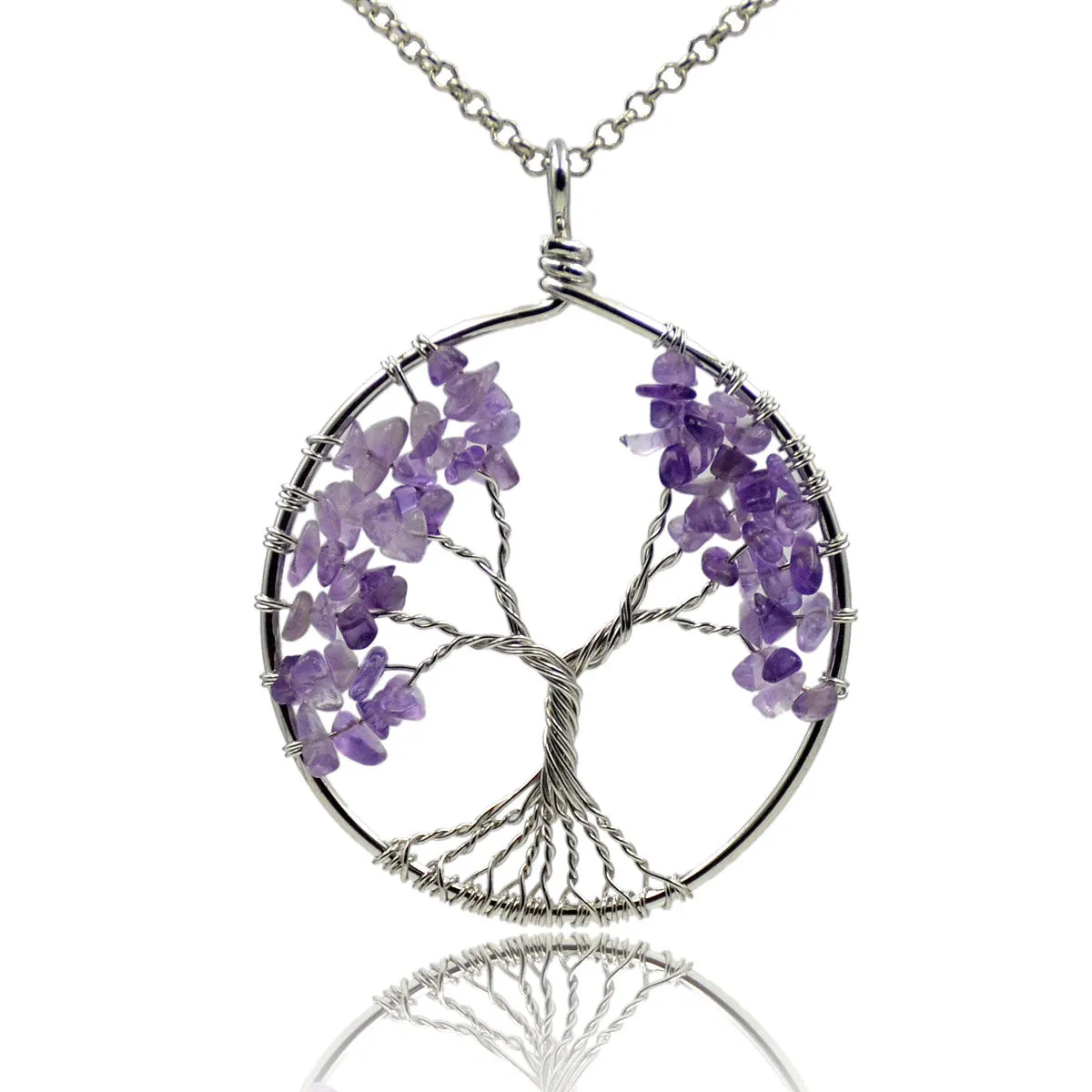 Tree of Life Pendant Necklace Chakra Gemstone 50mm Silver Wrap