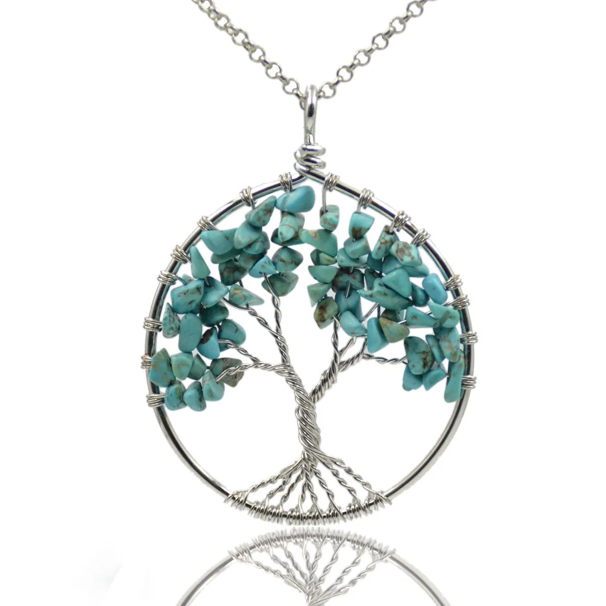 Tree of Life Pendant Necklace Chakra Gemstone 50mm Silver Wrap