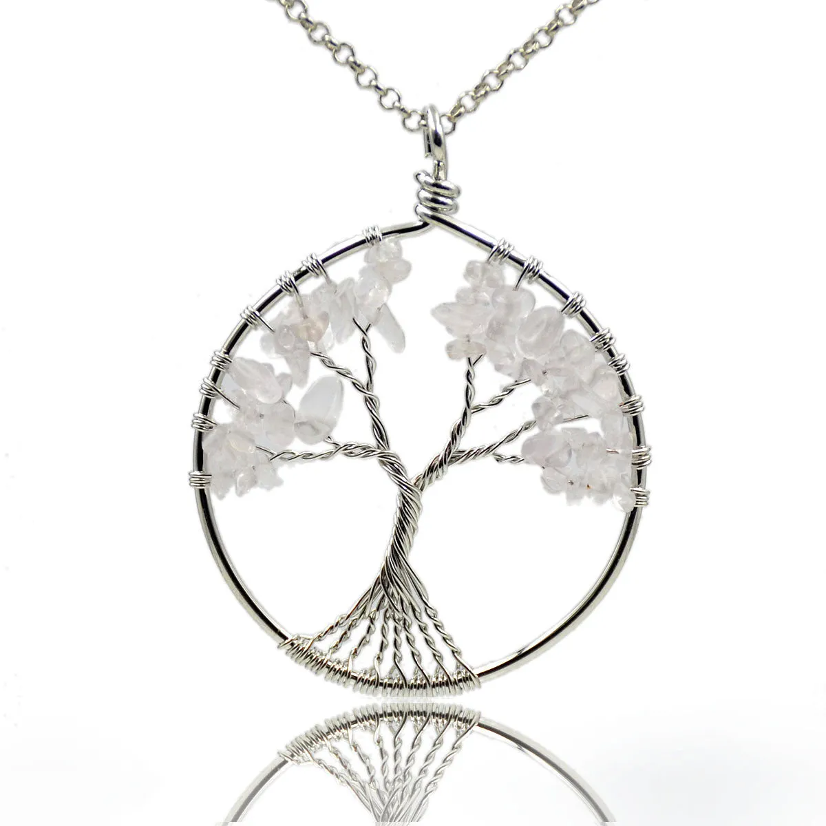 Tree of Life Pendant Necklace Chakra Gemstone 50mm Silver Wrap