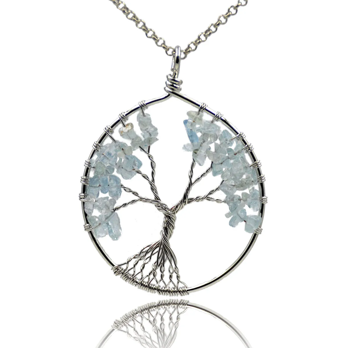 Tree of Life Pendant Necklace Chakra Gemstone 50mm Silver Wrap