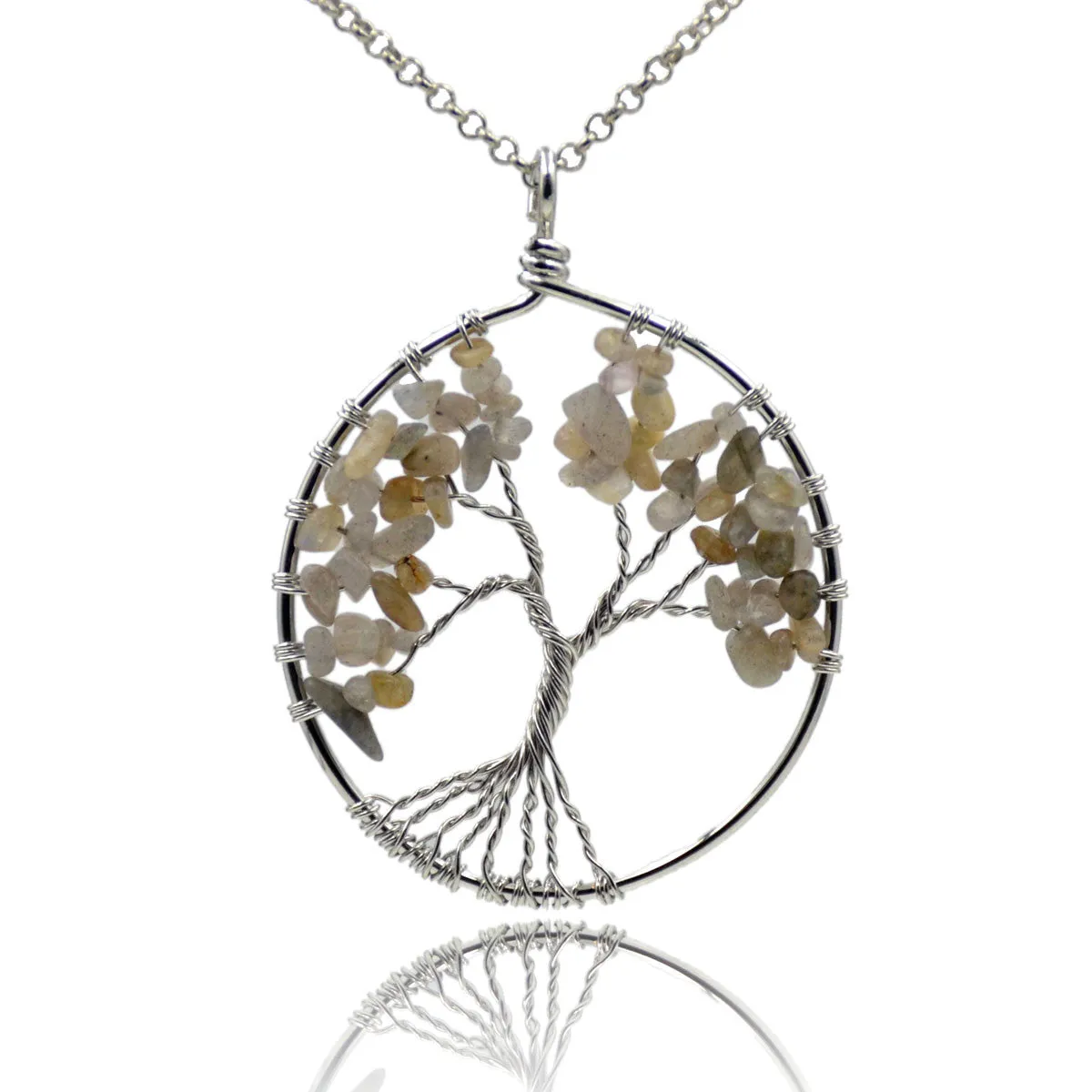 Tree of Life Pendant Necklace Chakra Gemstone 50mm Silver Wrap