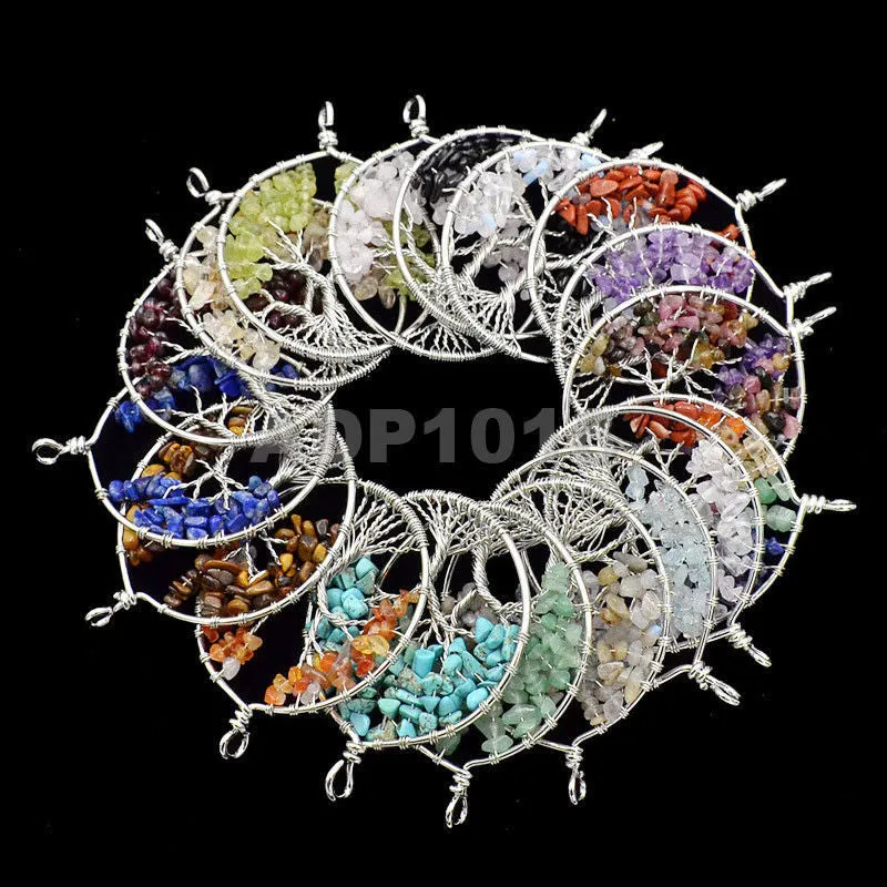 Tree of Life Pendant Necklace Chakra Gemstone 50mm Silver Wrap