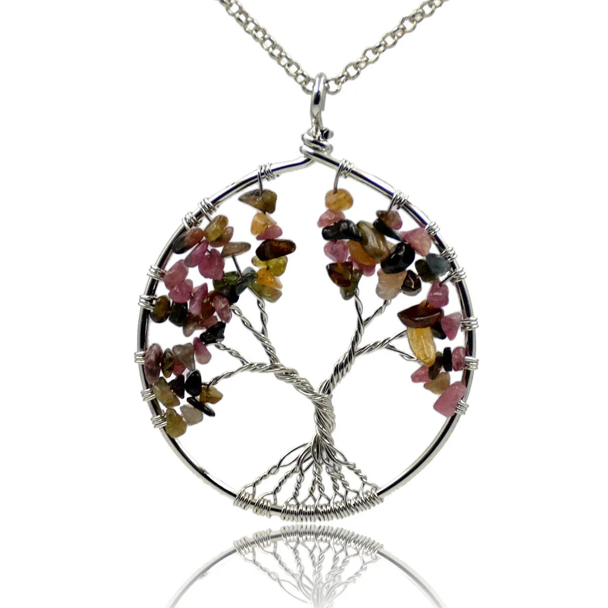 Tree of Life Pendant Necklace Chakra Gemstone 50mm Silver Wrap