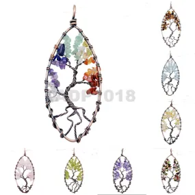 Tree of Life Pendant Necklace Chakra Gemstone Oval Copper Wrap