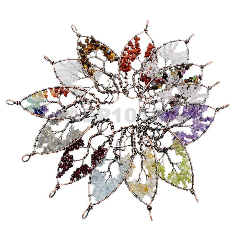 Tree of Life Pendant Necklace Chakra Gemstone Oval Copper Wrap