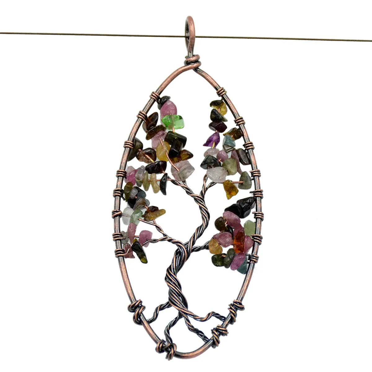 Tree of Life Pendant Necklace Chakra Gemstone Oval Copper Wrap