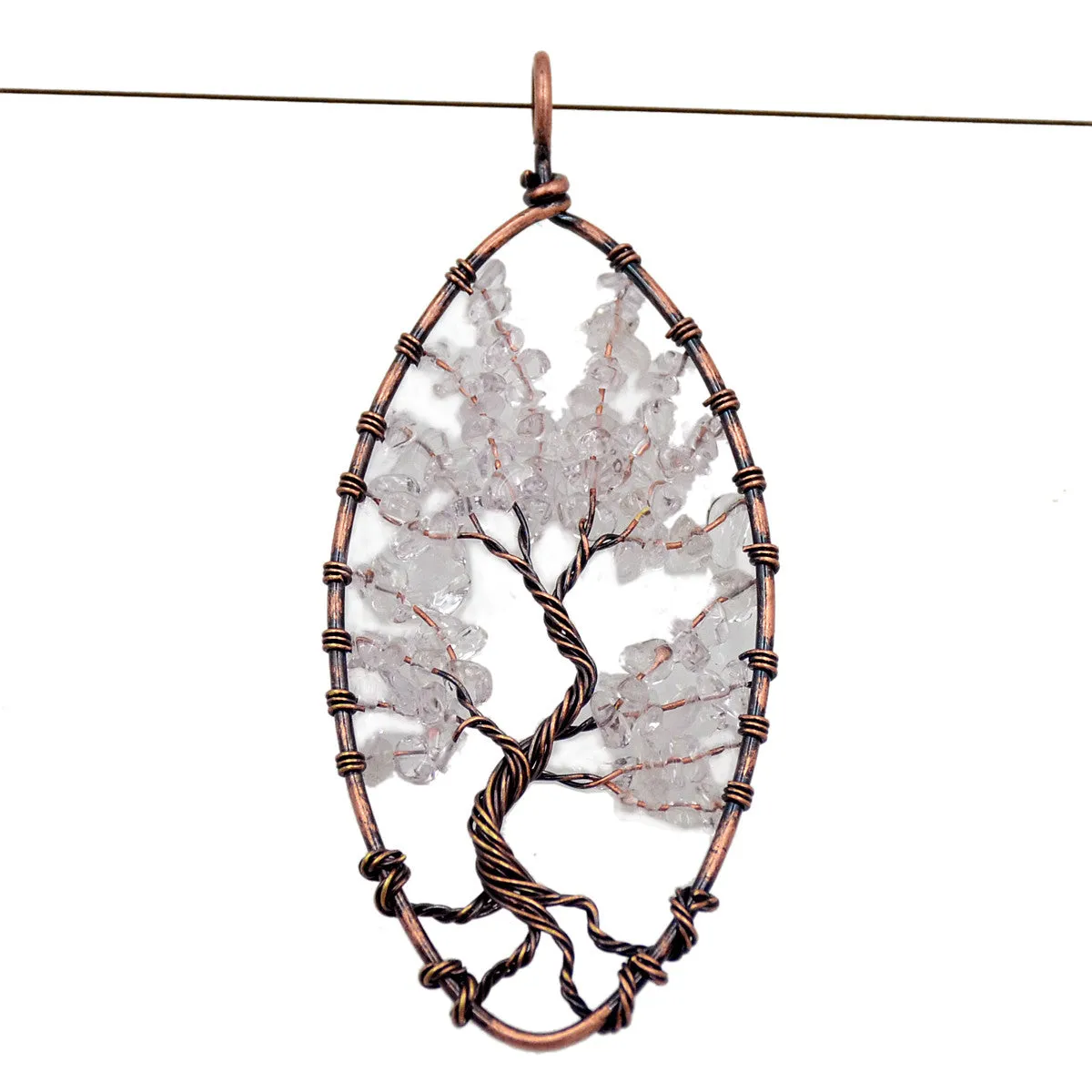 Tree of Life Pendant Necklace Chakra Gemstone Oval Copper Wrap