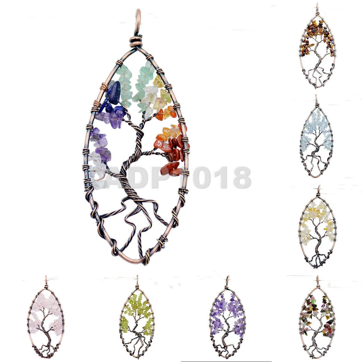 Tree of Life Pendant Necklace Chakra Gemstone Oval Copper Wrap
