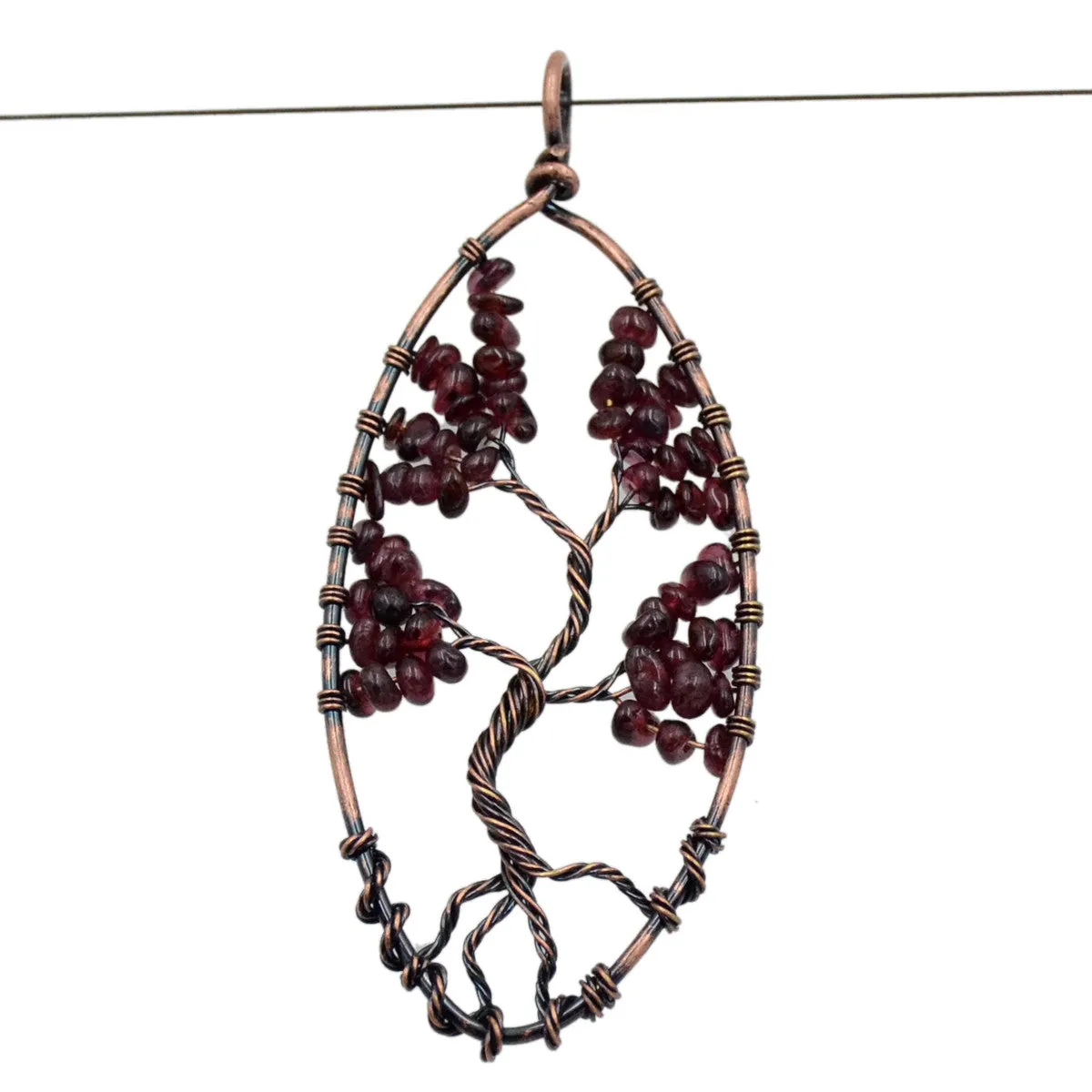 Tree of Life Pendant Necklace Chakra Gemstone Oval Copper Wrap