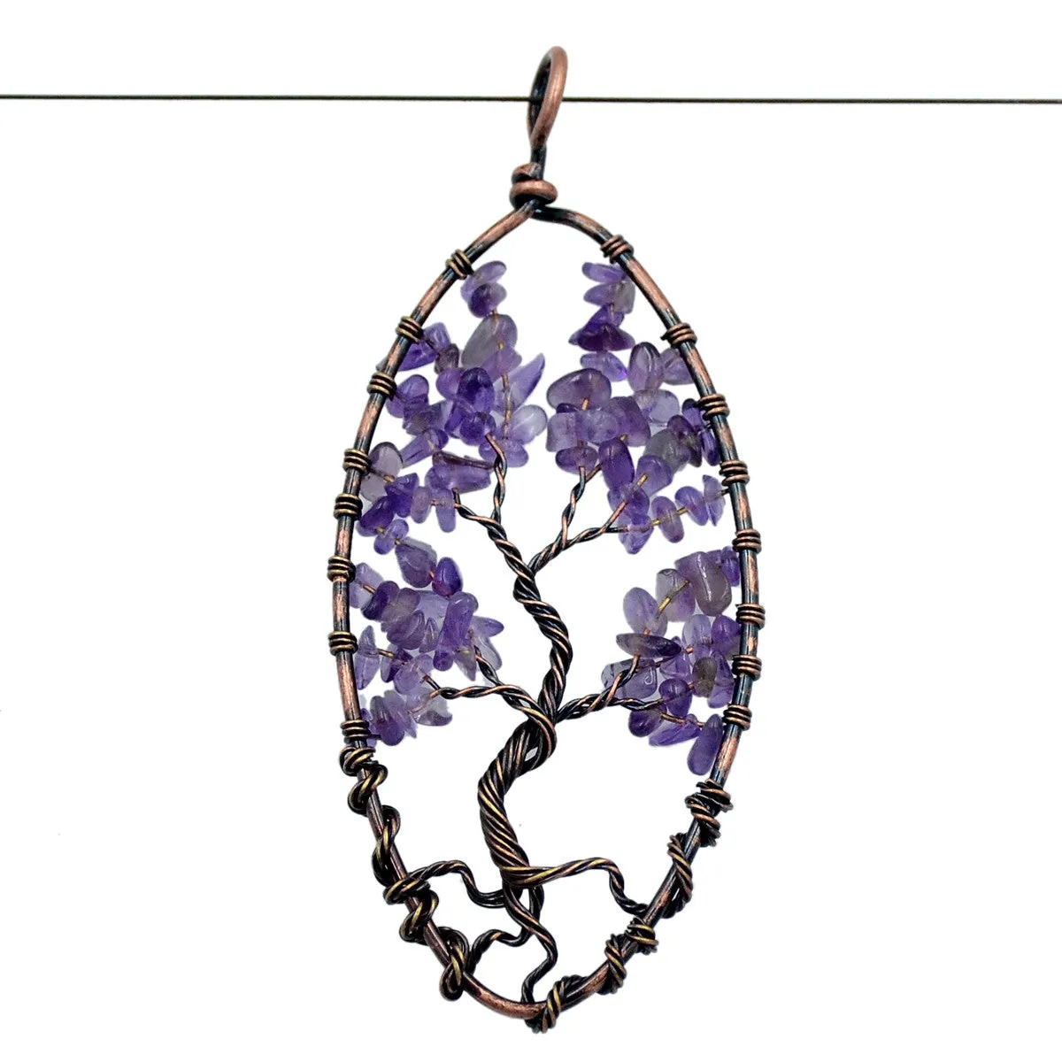Tree of Life Pendant Necklace Chakra Gemstone Oval Copper Wrap