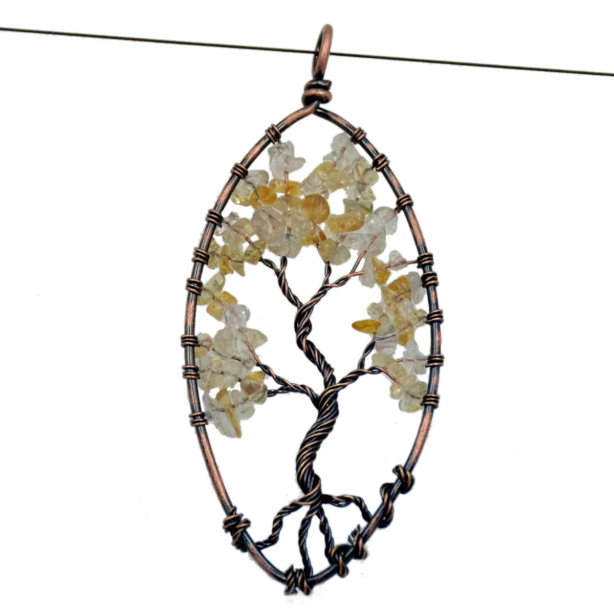 Tree of Life Pendant Necklace Chakra Gemstone Oval Copper Wrap