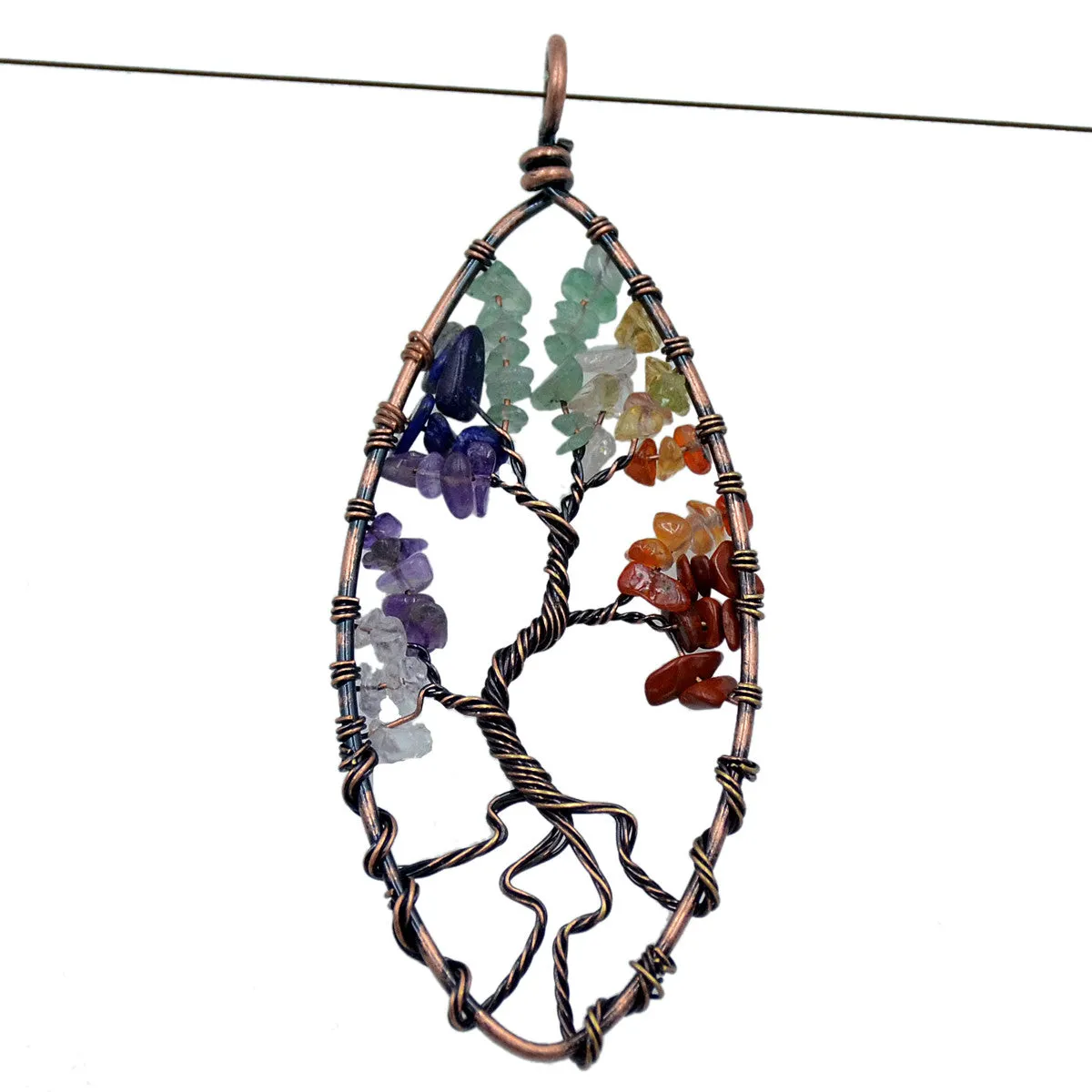Tree of Life Pendant Necklace Chakra Gemstone Oval Copper Wrap