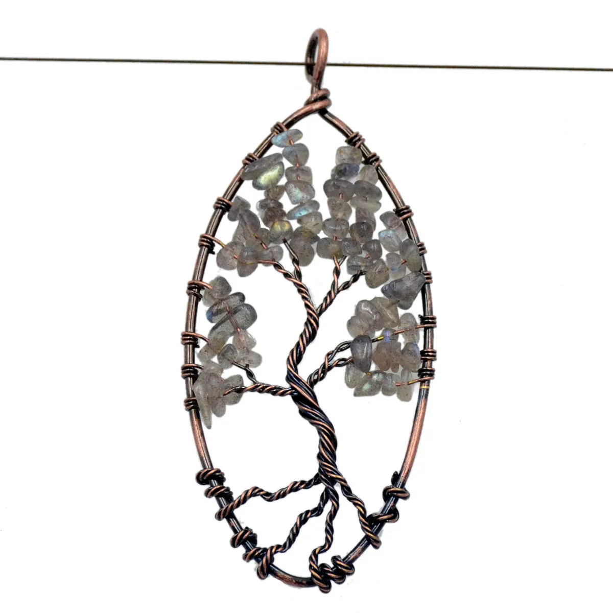 Tree of Life Pendant Necklace Chakra Gemstone Oval Copper Wrap