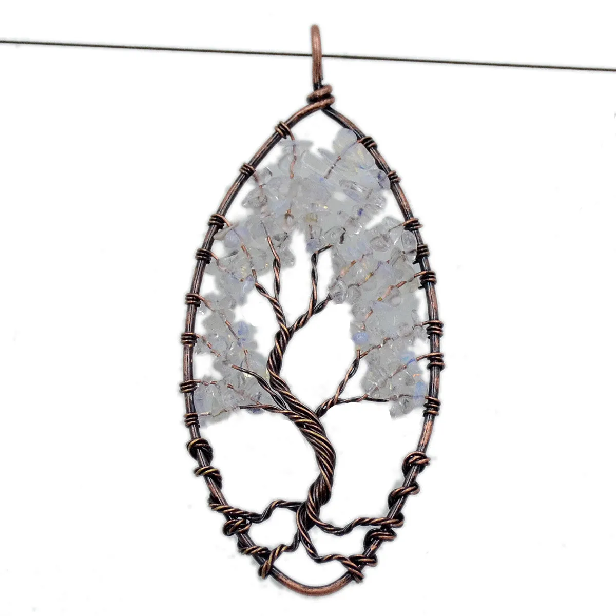 Tree of Life Pendant Necklace Chakra Gemstone Oval Copper Wrap