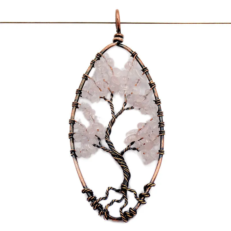 Tree of Life Pendant Necklace Chakra Gemstone Oval Copper Wrap