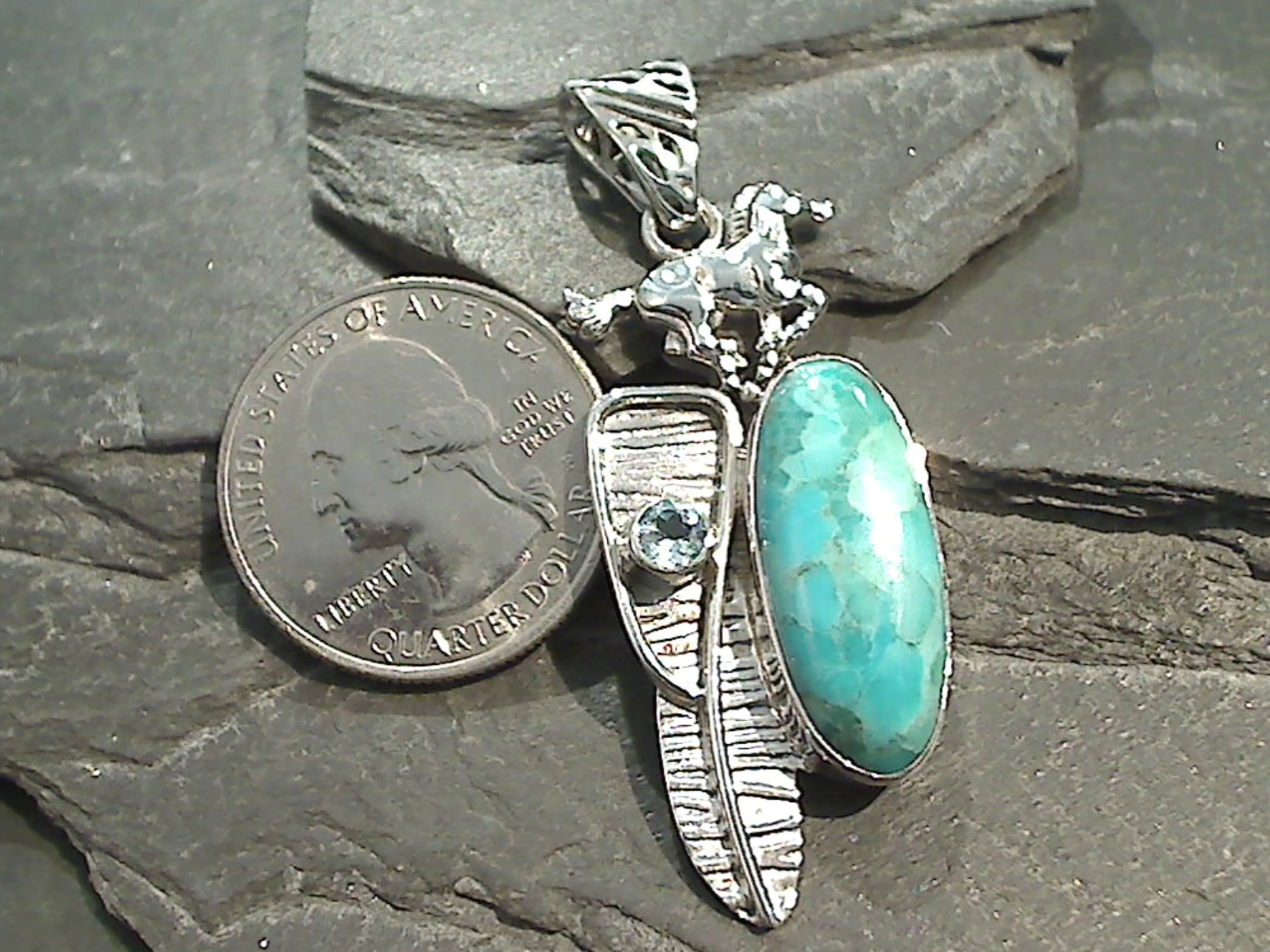 Turquoise, Blue Topaz, Sterling Silver Horse Pendant
