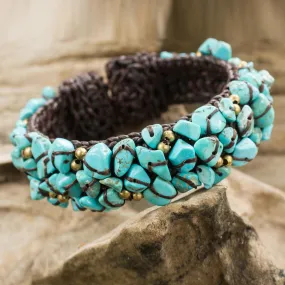 Turquoise Color Bead Bracelet on Brown Crocheted Cords - Sky Blue Day | NOVICA