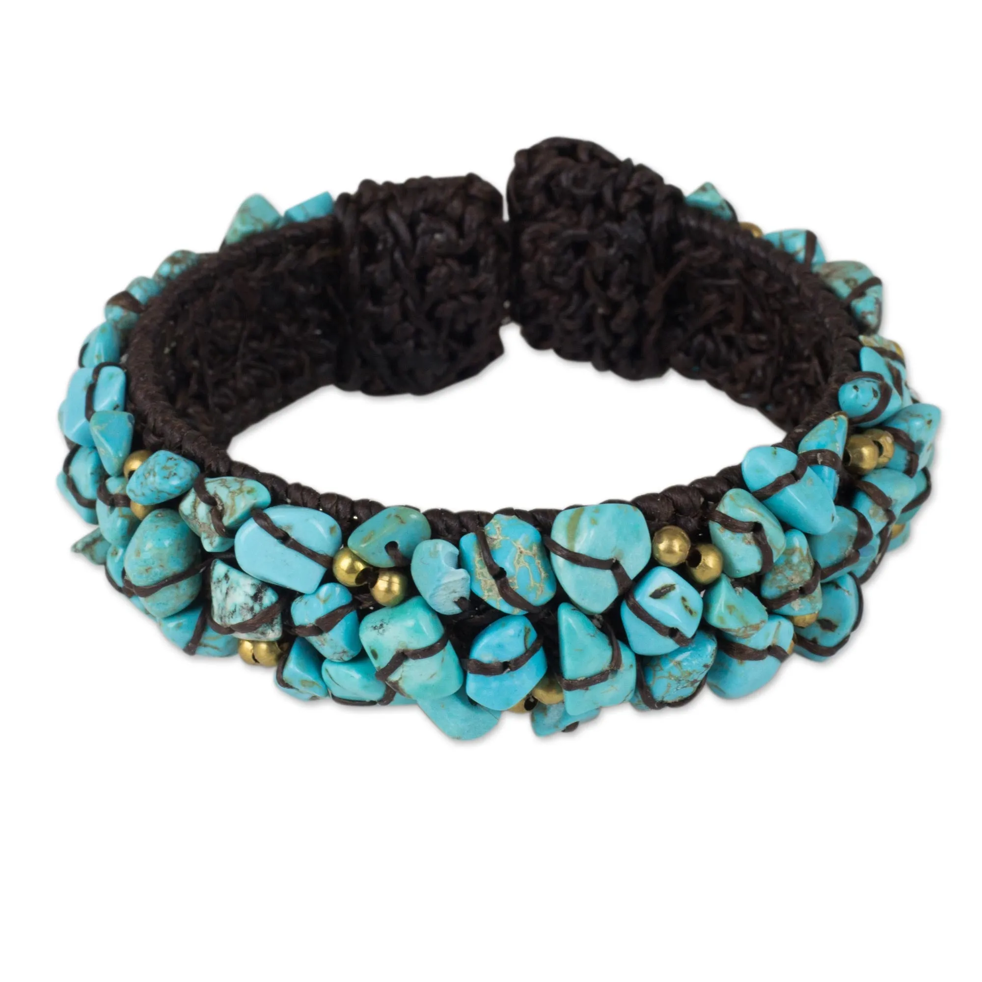 Turquoise Color Bead Bracelet on Brown Crocheted Cords - Sky Blue Day | NOVICA