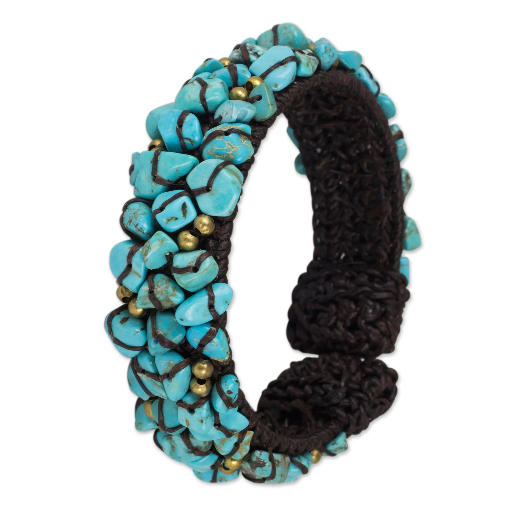 Turquoise Color Bead Bracelet on Brown Crocheted Cords - Sky Blue Day | NOVICA