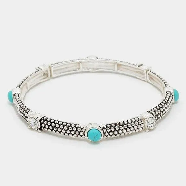 Turquoise Colored Stone & Crystal Embossed Silver Stretch Bracelet