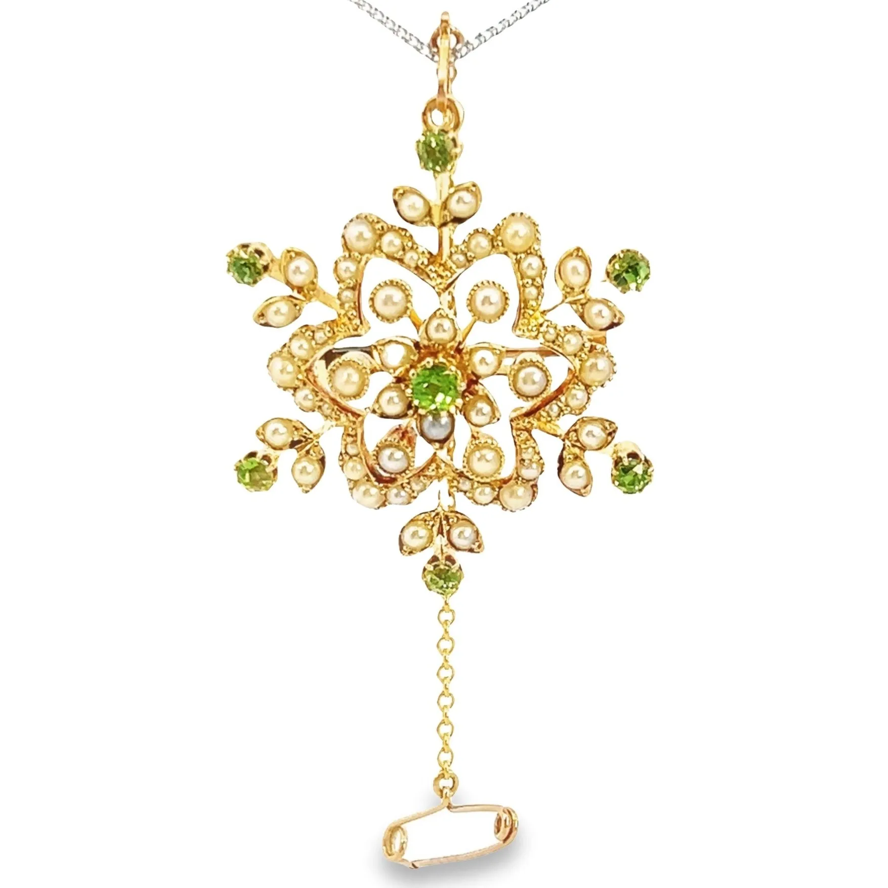 Valentine's Day Gem: 15ct Yellow Gold Brooch with Demantoid Garnet & Pearls
