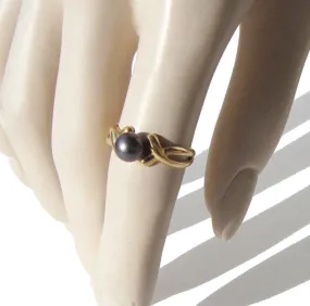 Vintage 14K Gold Tahitian Pearl Ring Black Aubergine Sz 7.75