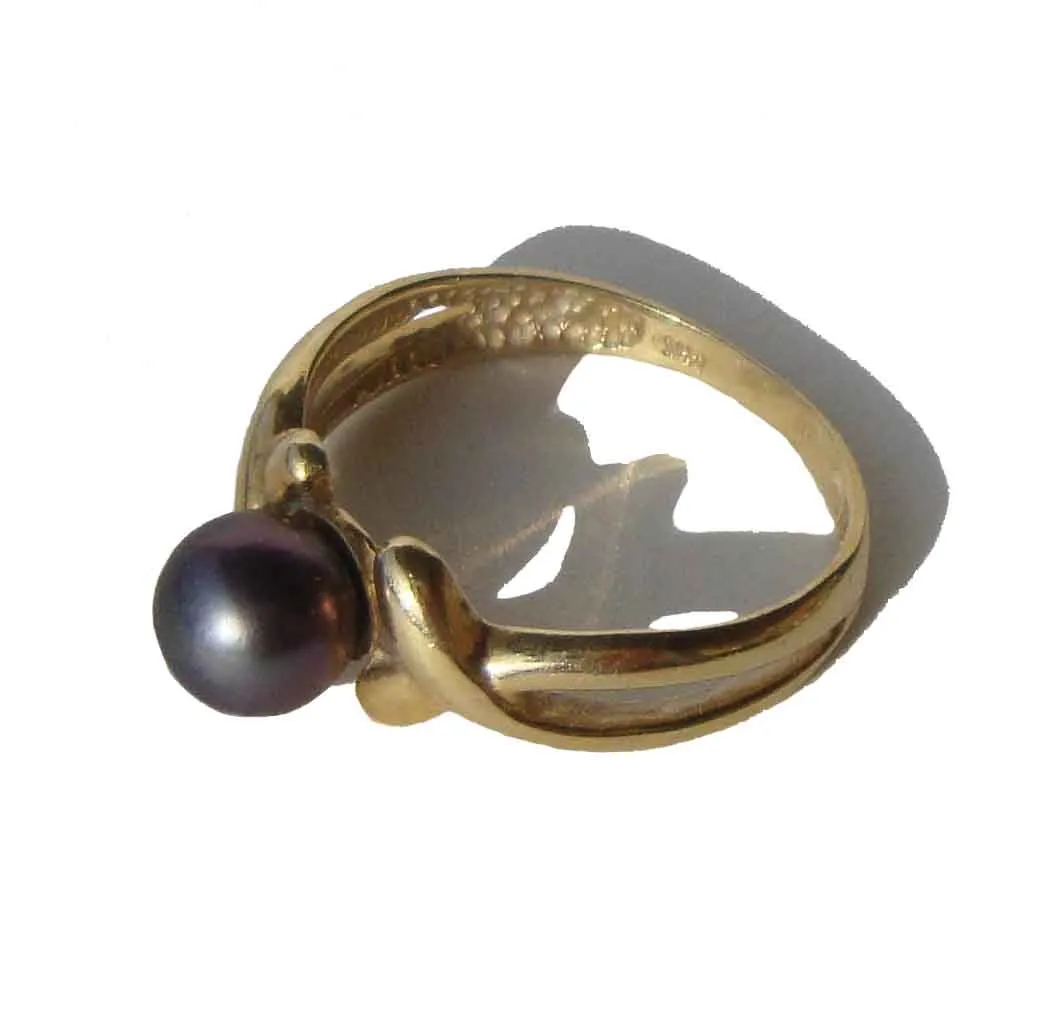 Vintage 14K Gold Tahitian Pearl Ring Black Aubergine Sz 7.75