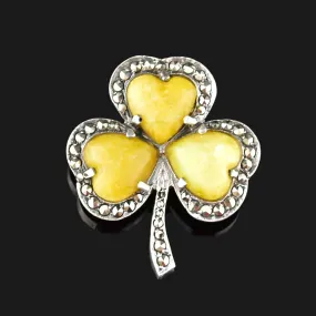 Vintage Connemara Marble Marcasite Shamrock Brooch