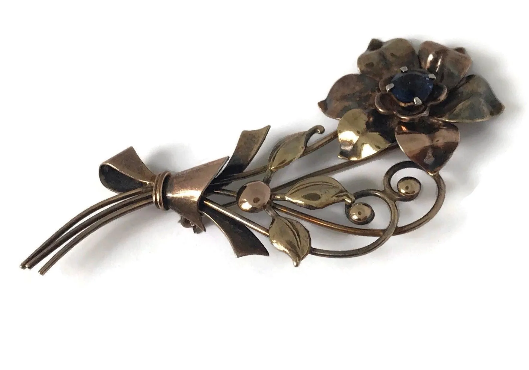 Vintage Crystal flower Victorian Brooch/Gold over sterling Pin/ flower Pin/Brass Pin/Crosby Jewelry