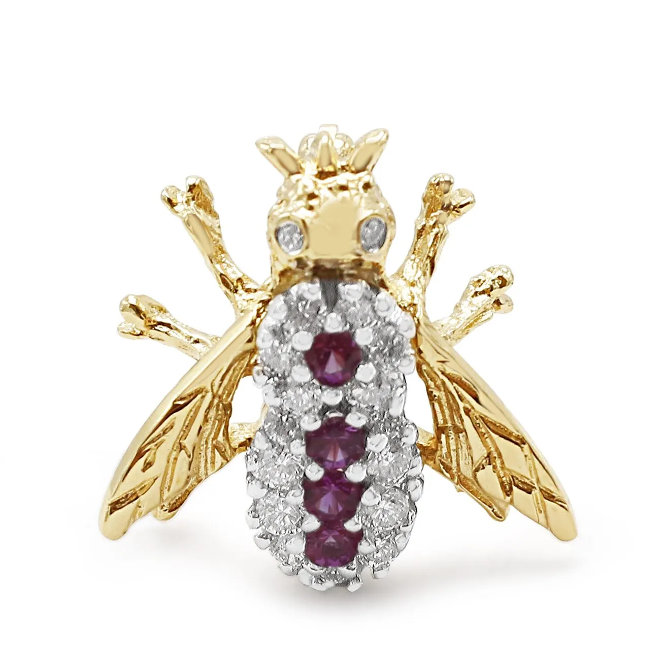 Vintage Retro 14K Yellow Gold Diamond & Pink Sapphire Bee Pin Brooch
