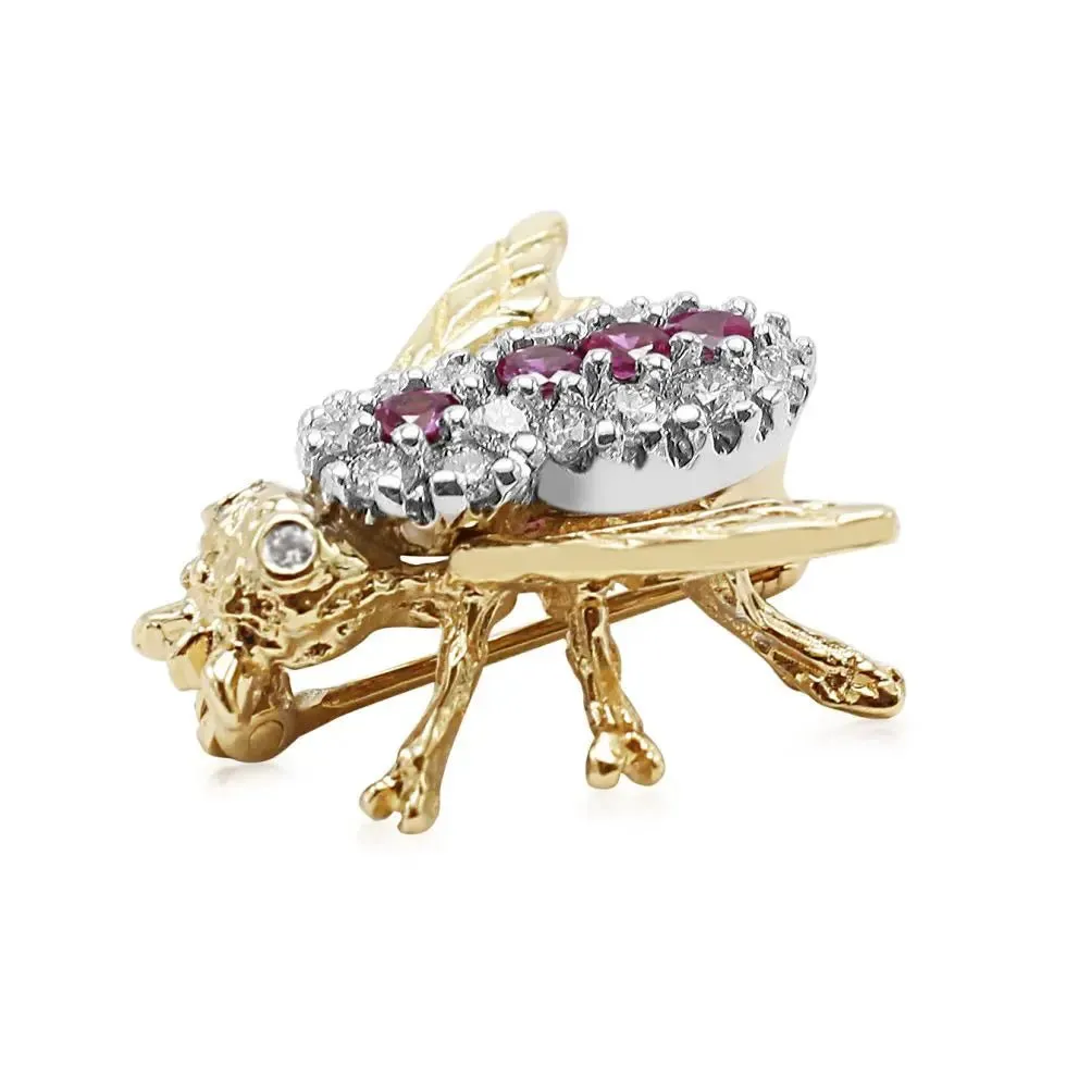 Vintage Retro 14K Yellow Gold Diamond & Pink Sapphire Bee Pin Brooch