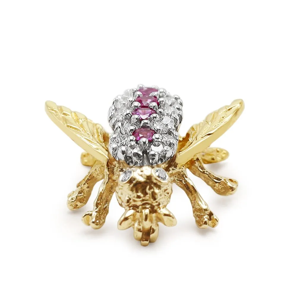 Vintage Retro 14K Yellow Gold Diamond & Pink Sapphire Bee Pin Brooch