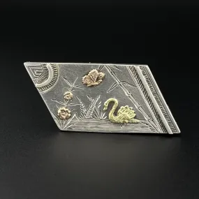 Vintage Victorian Silver Rose Yellow Gold Bird Floral Brooch