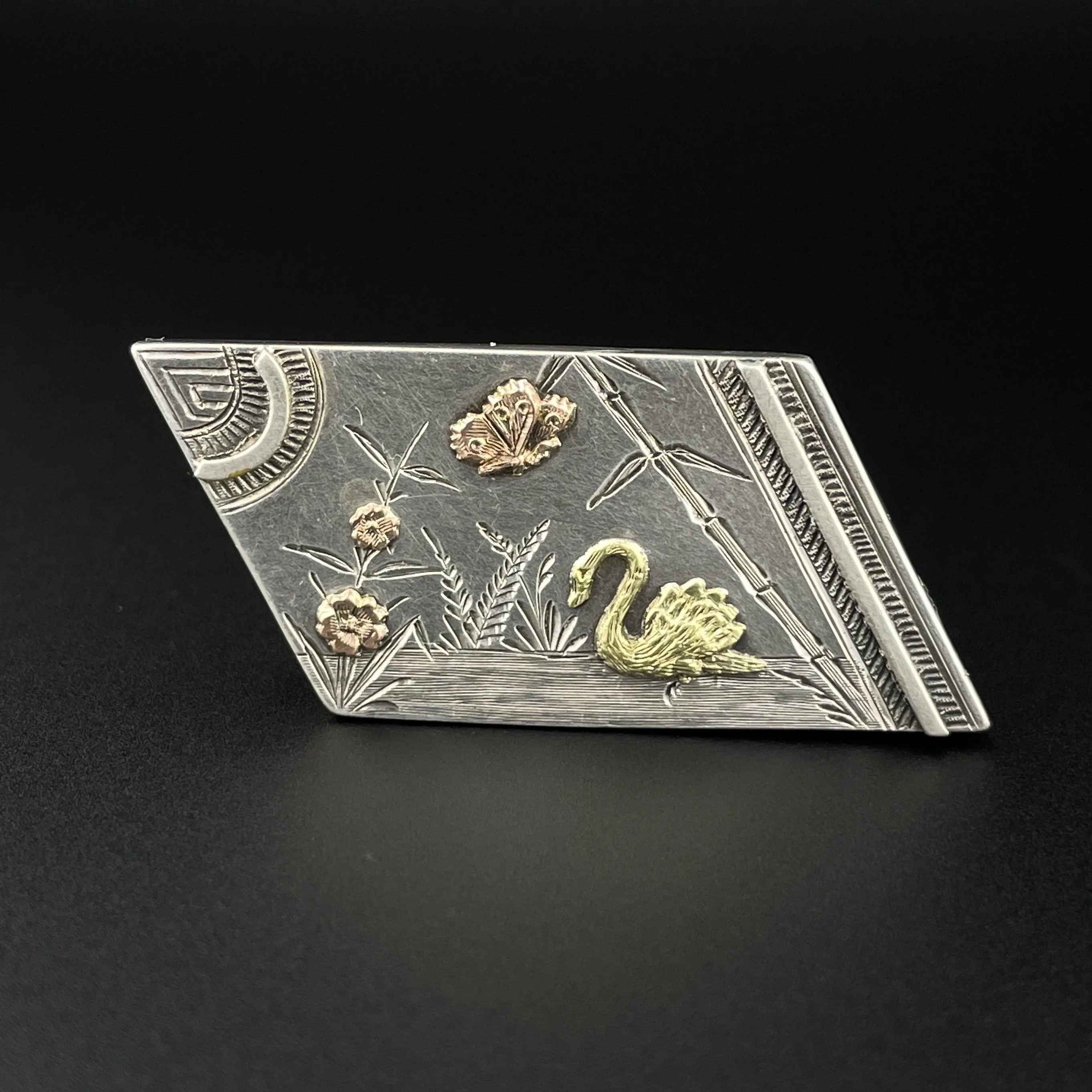 Vintage Victorian Silver Rose Yellow Gold Bird Floral Brooch