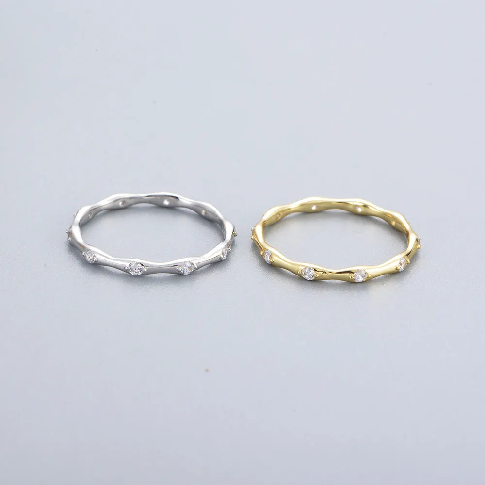 White Zircon Geometric Bamboo Design Sterling Silver Ring