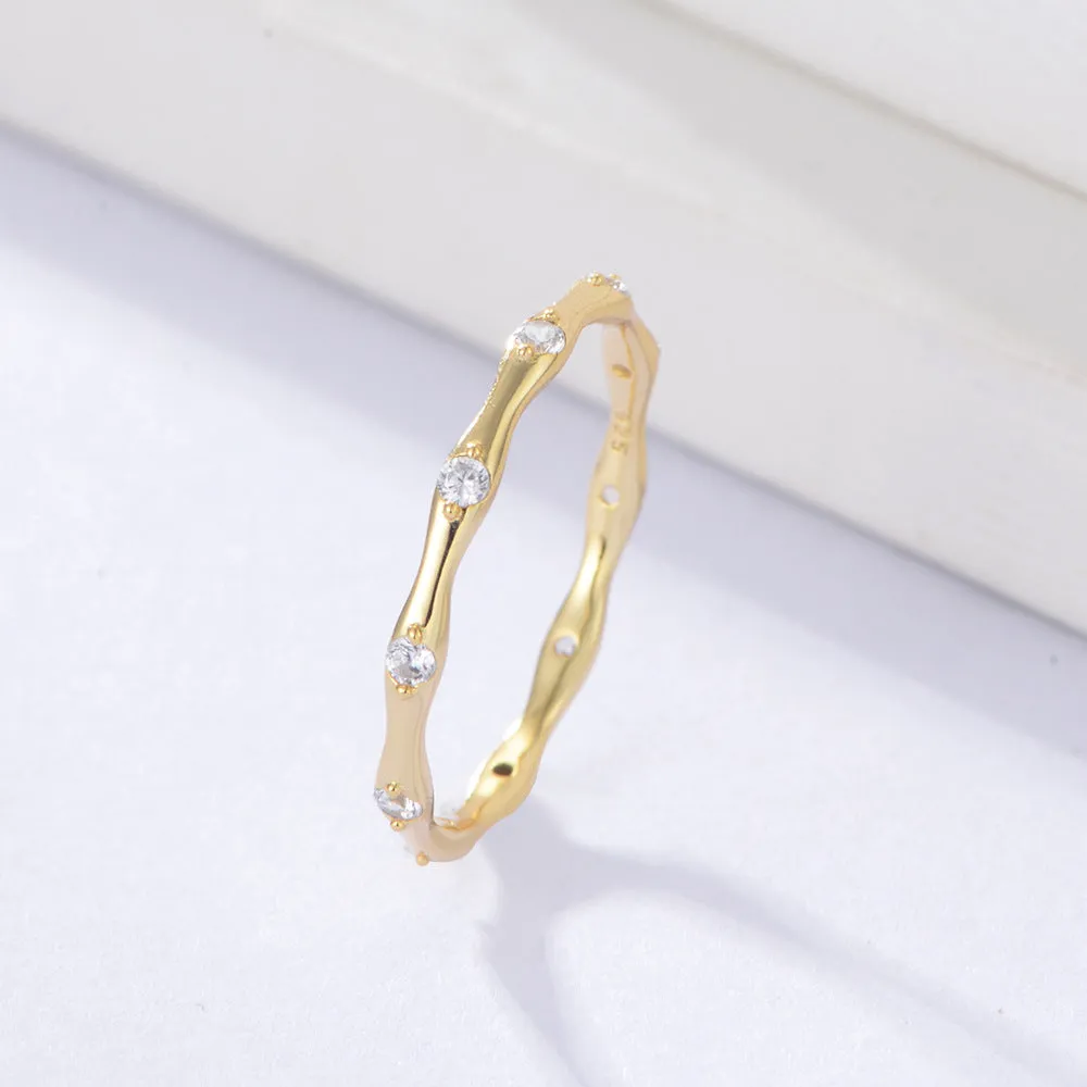 White Zircon Geometric Bamboo Design Sterling Silver Ring