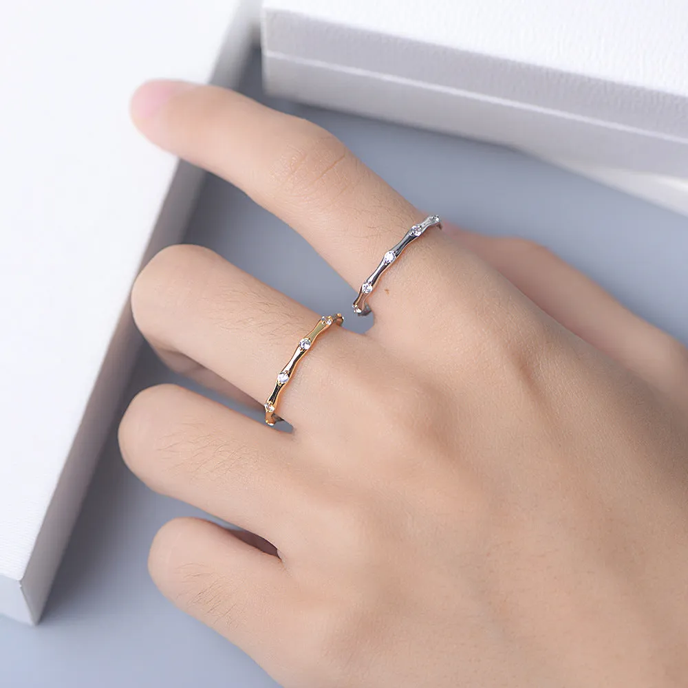 White Zircon Geometric Bamboo Design Sterling Silver Ring