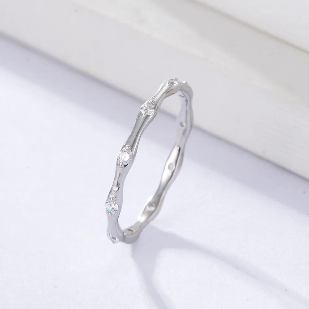 White Zircon Geometric Bamboo Design Sterling Silver Ring