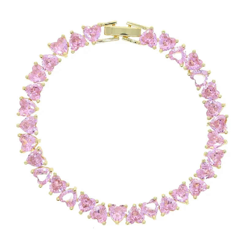 White/Pink/Green 17cm Cluster Heart 5A Cubic Zirconia Tennis Chain Bracelet