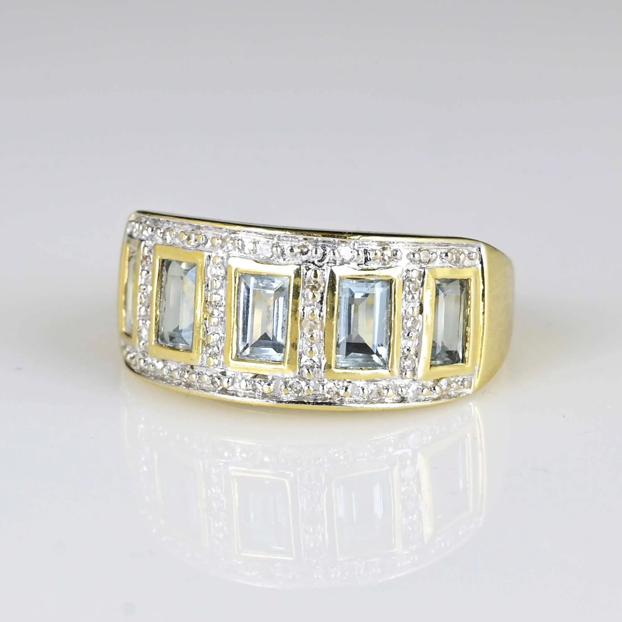 Wide Band Diamond Aquamarine Ring in 14K Gold