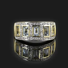 Wide Band Diamond Aquamarine Ring in 14K Gold