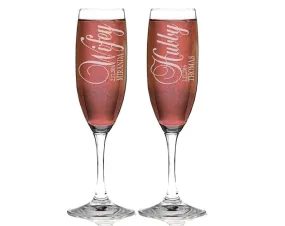 Wifey and Hubby Custom Set of 2 Champagne Wedding Flutes, Personalized Engraved Champagne Glasses, Toasting Glasses, Mr and Mrs Wedding Gift