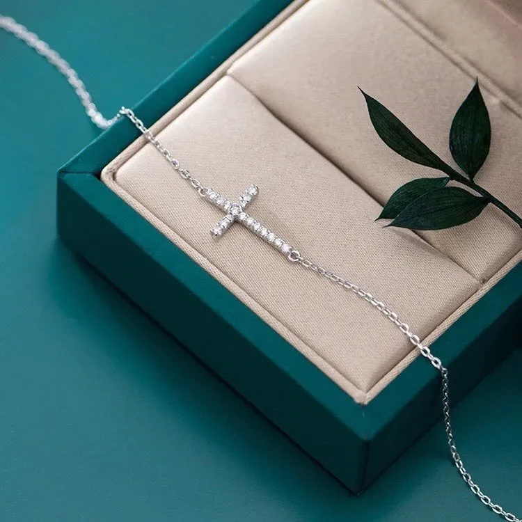 Women's Sterling Silver Cross Zircon Stone Crystal Bracelet