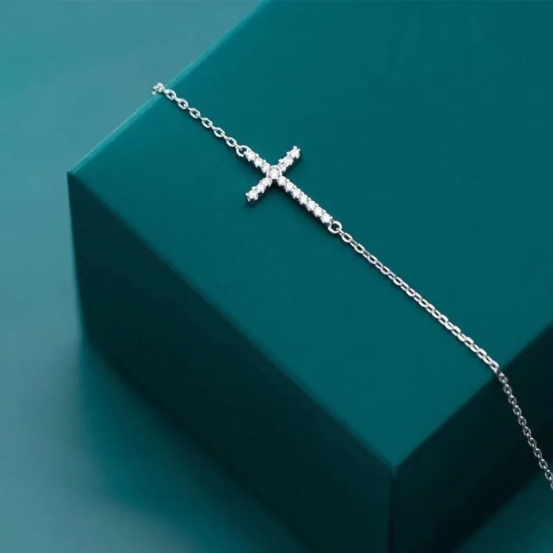 Women's Sterling Silver Cross Zircon Stone Crystal Bracelet