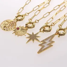 Zircon Lightning Moon Star Pendant Necklace Chunky Chain Necklace