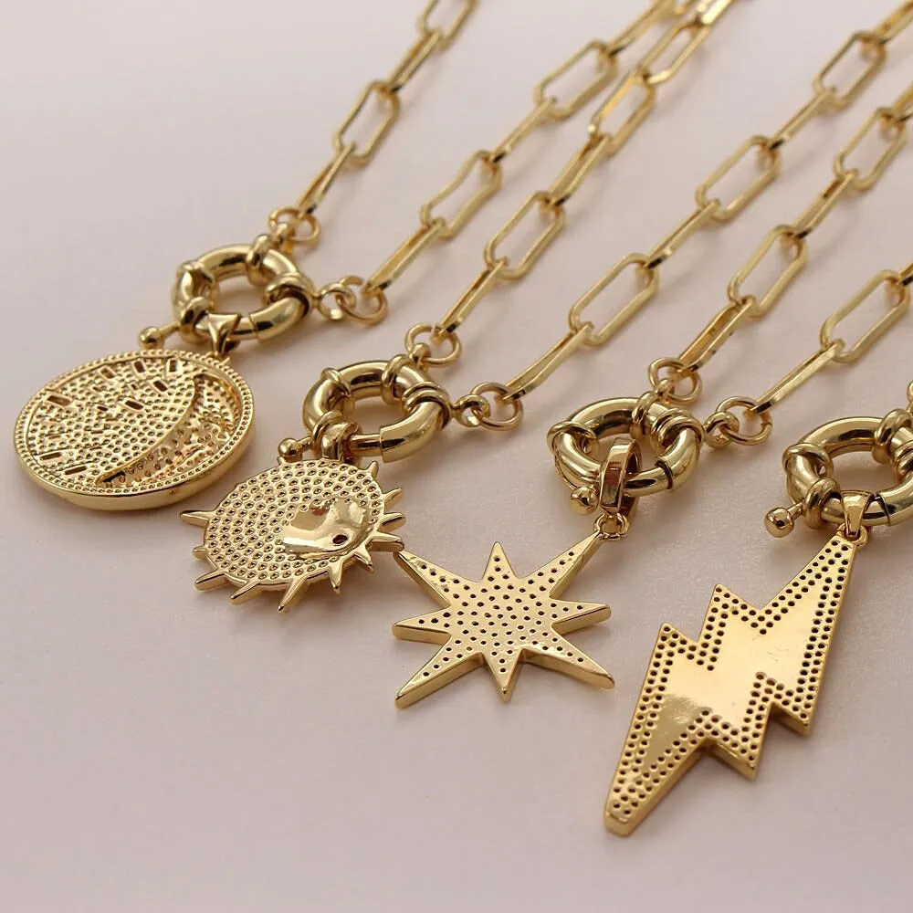 Zircon Lightning Moon Star Pendant Necklace Chunky Chain Necklace
