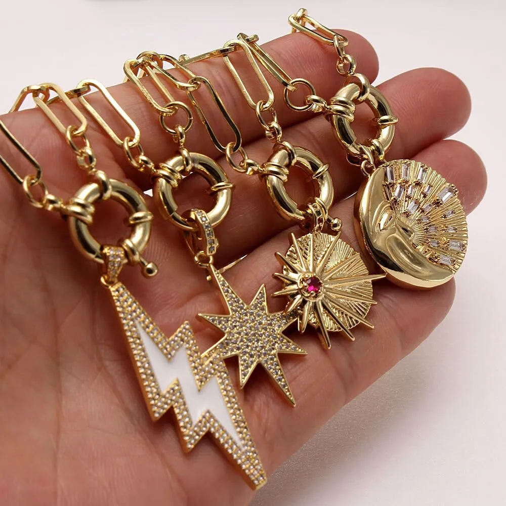 Zircon Lightning Moon Star Pendant Necklace Chunky Chain Necklace
