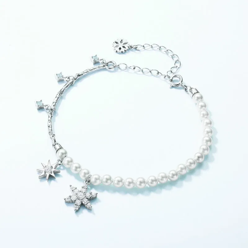 Zircon Snowflake Pearl Chain Sterling Silver Bracelet