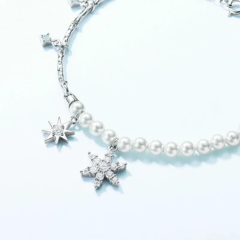 Zircon Snowflake Pearl Chain Sterling Silver Bracelet